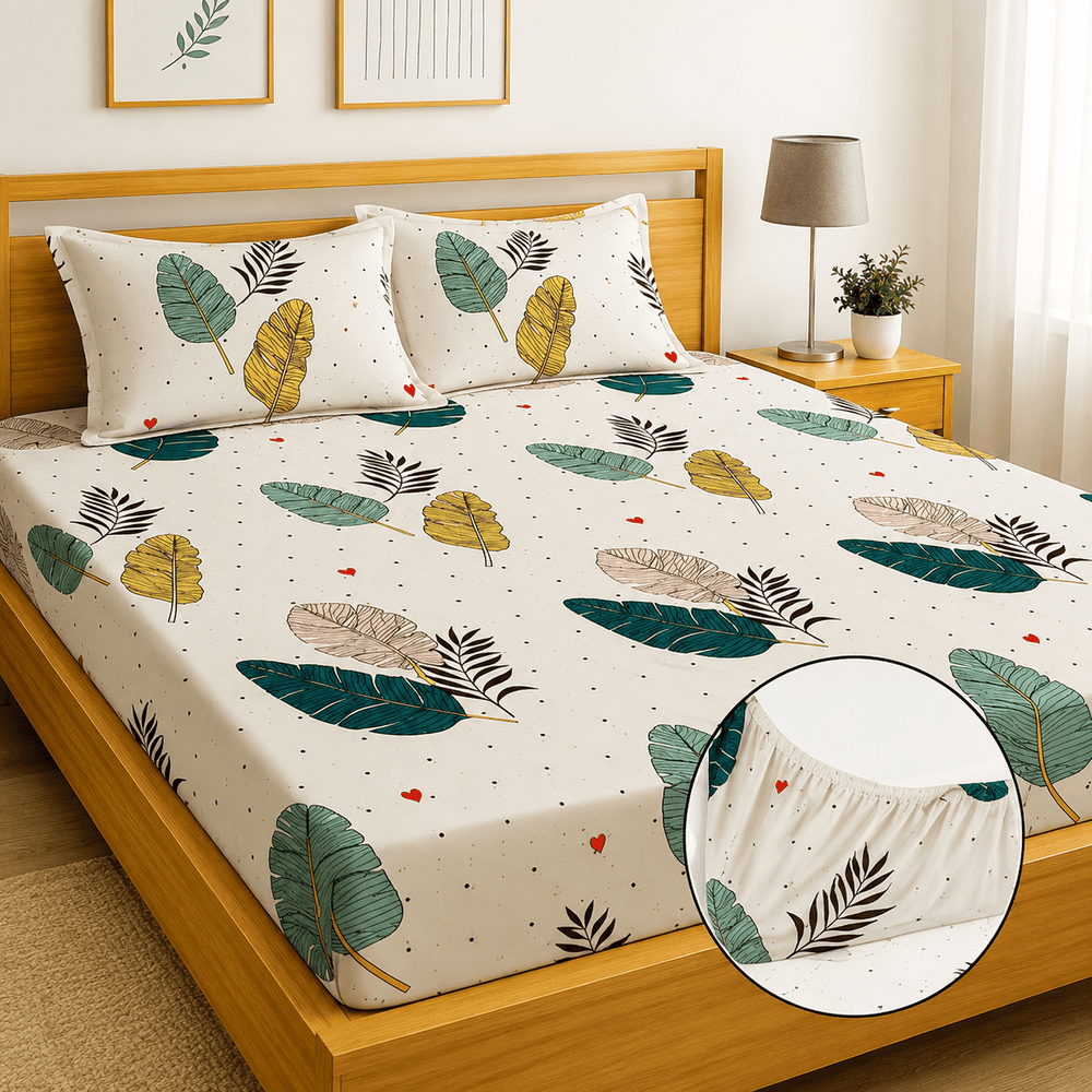 Printed Elastic Fitted Bedsheet Set with Pillow Covers – Soft Breathable Cotton Bed Sheet