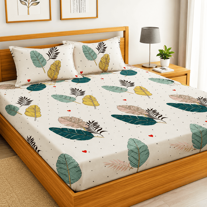 Printed Elastic Fitted Bedsheet Set with Pillow Covers – Soft Breathable Cotton Bed Sheet