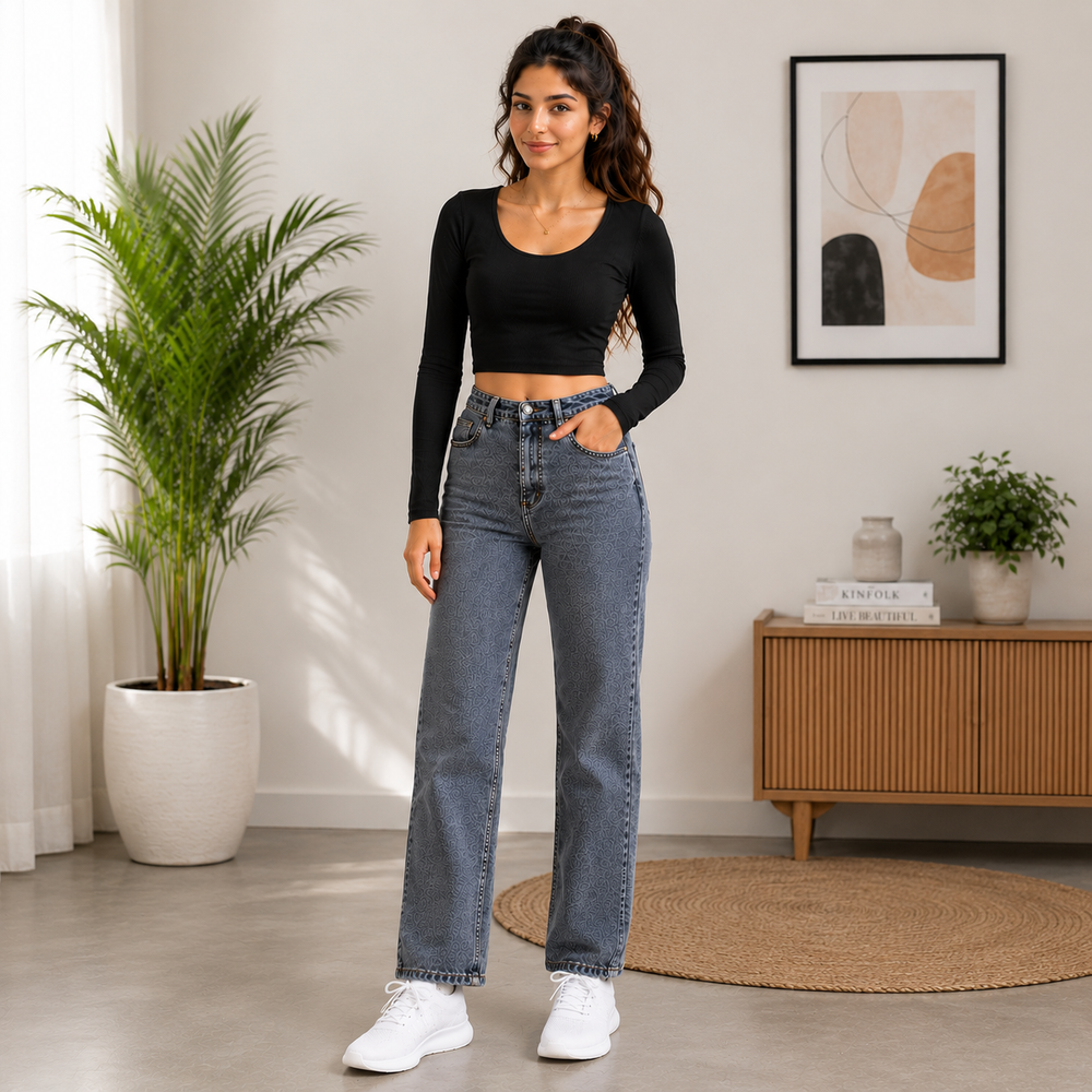 FITNICK Women’s Loose Fit Straight Leg High Waist Denim Jeans