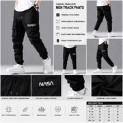 NASA Printed Men’s Cargo Track Pants – Premium Black Joggers