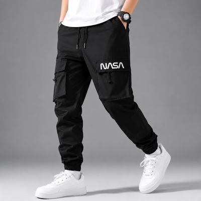 NASA Printed Men’s Cargo Track Pants – Premium Black Joggers